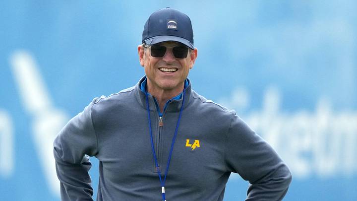 May 11, 2026; El Segundo, CA, USA; Los Angeles Chargers coach Jim Harbaugh watches during offseason workouts at The Bolt. Mandatory Credit: Kirby Lee-Imagn Images