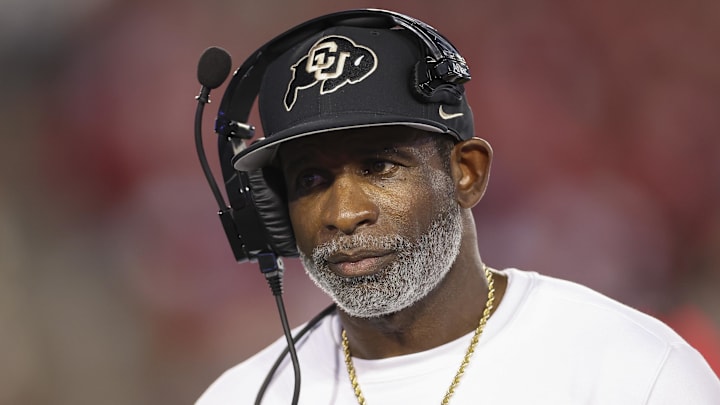 Sep 12, 2025; Houston, Texas, USA; Colorado Buffaloes head coach Deion Sanders looks on from the sideline during the first half against the Houston Cougars at TDECU Stadium. Mandatory Credit: Troy Taormina-Imagn Images
