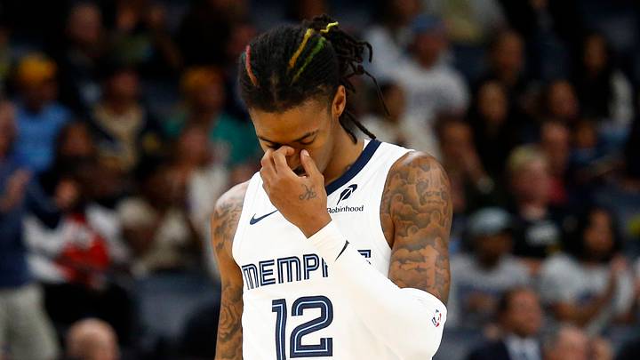 Oct 30, 2024; Memphis, Tennessee, USA; Memphis Grizzlies guard Ja Morant (12) reacts during the first half against the Brooklyn Nets at FedExForum. Mandatory Credit: Petre Thomas-Imagn Images Oct 30, 2024; Memphis, Tennessee, USA; Memphis Grizzlies guard Ja Morant (12) reacts during the first half against the Brooklyn Nets at FedExForum. Mandatory Credit: Petre Thomas-Imagn Images