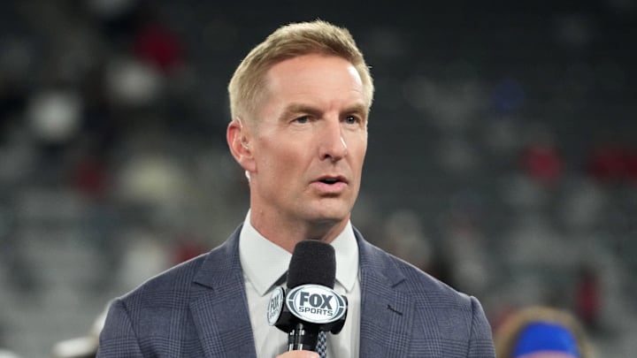 Jan 2, 2026; San Diego, CA, USA; Fox Sports broadcaster Joel Klatt emcees the Holiday Bowl trophy presentation at Snapdragon Stadium. Mandatory Credit: Kirby Lee-Imagn Images