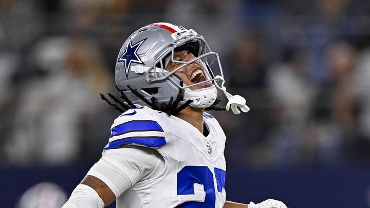 Nov 3, 2025; Arlington, Texas, USA; Dallas Cowboys cornerback Shavon Revel Jr. (27) celebrates during the game between the Dallas Cowboys and the Arizona Cardinals at AT&T Stadium. Mandatory Credit: Jerome Miron-Imagn Images