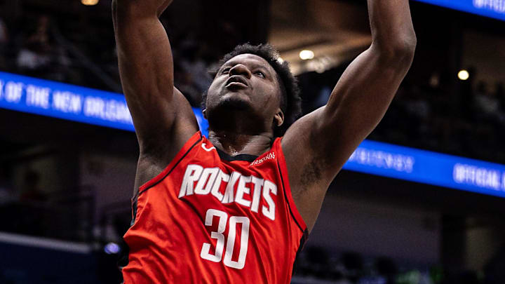Mar 29, 2026; New Orleans, Louisiana, USA;  Houston Rockets center Clint Capela (30) dunks the ball against the New Orleans Pelicans during the second half at Smoothie King Center. Mandatory Credit: Stephen Lew-Imagn Images