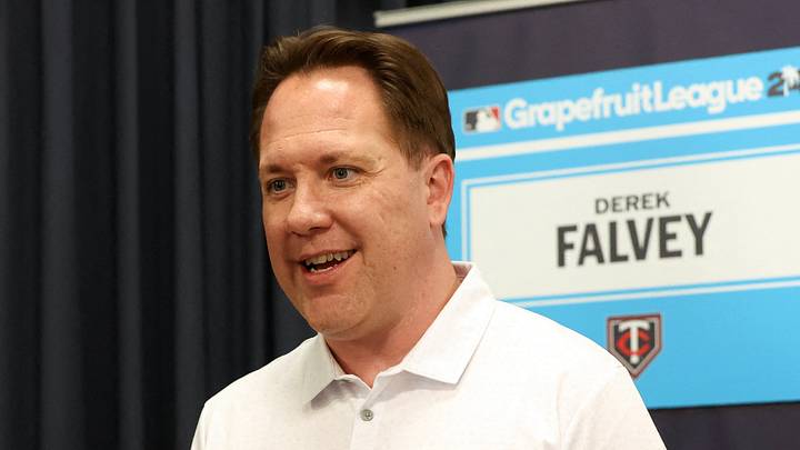 Feb 15, 2024; Tampa, FL, USA; Minnesota Twins president of baseball operations Derek Falvey talks with media at George M. Steinbrenner Field. Mandatory Credit: Kim Klement Neitzel-USA TODAY Sports Feb 15, 2024; Tampa, FL, USA; Minnesota Twins president of baseball operations Derek Falvey talks with media at George M. Steinbrenner Field. Mandatory Credit: Kim Klement Neitzel-USA TODAY Sports