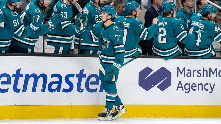 Feb 28, 2026; San Jose, California, USA; San Jose Sharks center Michael Misa (77) celebrates with teammates after scoring a goal against the Edmonton Oilers during the first period at SAP Center at San Jose. Mandatory Credit: Neville E. Guard-Imagn Images Feb 28, 2026; San Jose, California, USA; San Jose Sharks center Michael Misa (77) celebrates with teammates after scoring a goal against the Edmonton Oilers during the first period at SAP Center at San Jose. Mandatory Credit: Neville E. Guard-Imagn Images