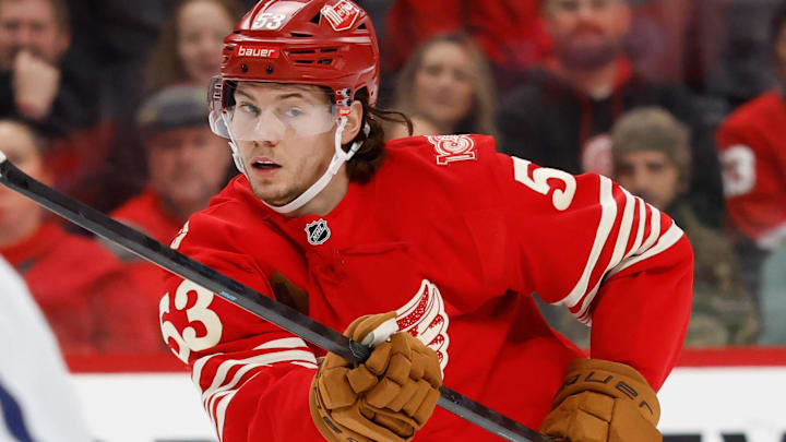 Dec 28, 2025; Detroit, Michigan, USA; Detroit Red Wings defenseman Moritz Seider (53) takes a shot in the second period against the Toronto Maple Leafs at Little Caesars Arena. Mandatory Credit: Rick Osentoski-Imagn Images Dec 28, 2025; Detroit, Michigan, USA; Detroit Red Wings defenseman Moritz Seider (53) takes a shot in the second period against the Toronto Maple Leafs at Little Caesars Arena. Mandatory Credit: Rick Osentoski-Imagn Images