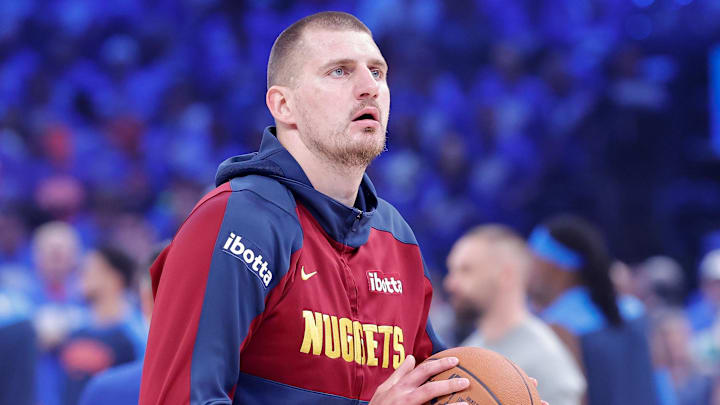 May 18, 2025; Oklahoma City, Oklahoma, USA; Denver Nuggets center Nikola Jokic (15) warms up before Game 7 of the second round of the 2025 NBA Playoffs against the Oklahoma City Thunder at Paycom Center. 