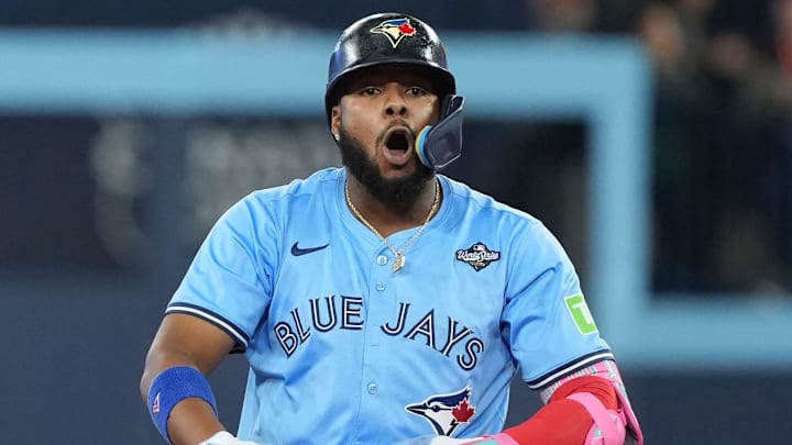 Toronto Blue Jays first baseman Vladimir Guerrero Jr. (27) stands at second after hitting a double.