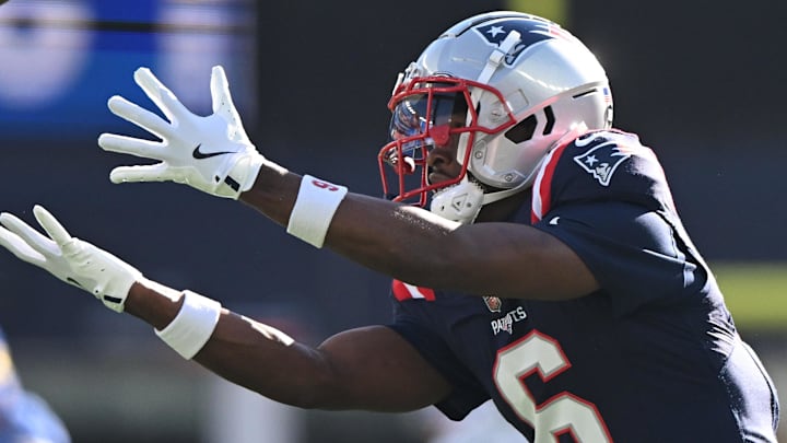 Nov 17, 2024; Foxborough, Massachusetts, USA; New England Patriots wide receiver Javon Baker (6) makes a catch before a game against the Los Angeles Rams at Gillette Stadium. Mandatory Credit: Brian Fluharty-Imagn Images