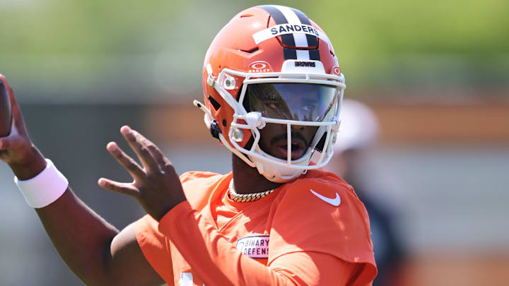 May 10, 2025; Berea, OH, USA; Cleveland Browns quarterback Shedeur Sanders (12) throws a pass during rookie minicamp at CrossCountry Mortgage Campus. Mandatory Credit: Ken Blaze-Imagn Images