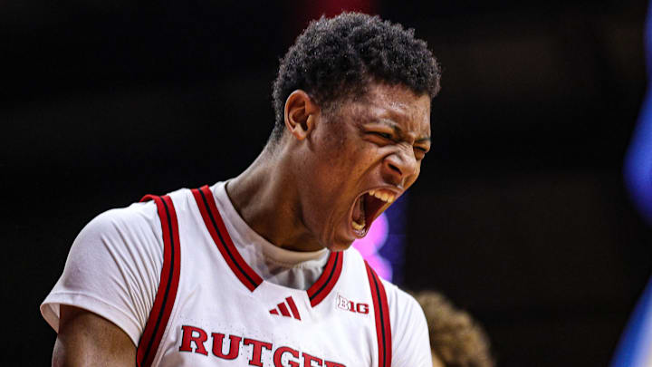 Jan 13, 2025; Piscataway, New Jersey, USA; Rutgers Scarlet Knights guard Ace Bailey (4) celebrates during the second half against the UCLA Bruins at Jersey Mike's Arena. Mandatory Credit: Vincent Carchietta-Imagn Images