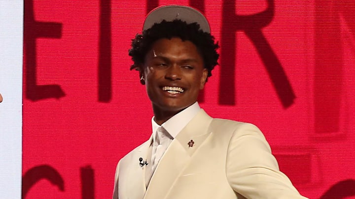 Jun 22, 2023; Brooklyn, NY, USA; Amen Thompson reacts with NBA commissioner Adam Silver after being selected fourth by the Houston Rockets in the first round of the 2023 NBA Draft at Barclays Arena. Mandatory Credit: Wendell Cruz-Imagn Images