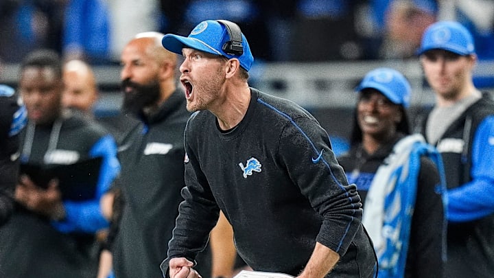 Detroit Lions offensive coordinator Ben Johnson celebrates a play against Minnesota Vikings during the second half at Ford Field in Detroit on Sunday, Jan. 5, 2025.