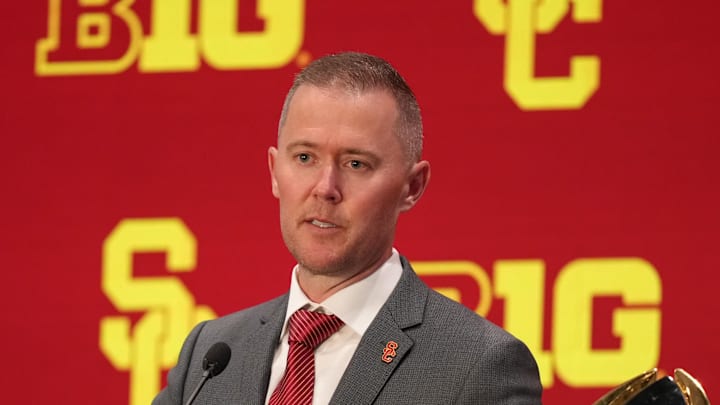 Jul 24, 2025; Las Vegas, NV, USA; USC head coach Lincoln Riley speaks to the media during the Big Ten NCAA college football media days at Mandalay Bay Resort. Mandatory Credit: Lucas Peltier-Imagn Images