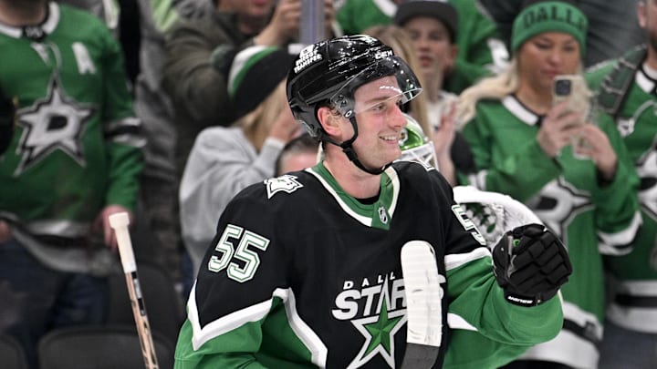Feb 2, 2026; Dallas, Texas, USA; Dallas Stars defenseman Thomas Harley (55) skates off the ice after he scores the game winning goal the Winnipeg Jets during the overtime period at the American Airlines Center. Mandatory Credit: Jerome Miron-Imagn Images