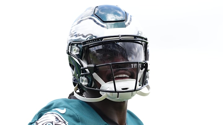 Jun 10, 2025; Philadelphia, PA, USA; Philadelphia Eagles wide receiver A.J. Brown (11) reacts during warmups at NovaCare Complex. Mandatory Credit: Kyle Ross-Imagn Images