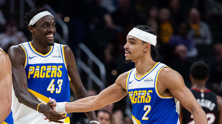 Mar 29, 2026; Indianapolis, Indiana, USA; Indiana Pacers guard Andrew Nembhard (2) celebrates with forward Pascal Siakam (43) a made shot in the second half against the Miami Heat at Gainbridge Fieldhouse. Mandatory Credit: Trevor Ruszkowski-Imagn Images Mar 29, 2026; Indianapolis, Indiana, USA; Indiana Pacers guard Andrew Nembhard (2) celebrates with forward Pascal Siakam (43) a made shot in the second half against the Miami Heat at Gainbridge Fieldhouse. Mandatory Credit: Trevor Ruszkowski-Imagn Images