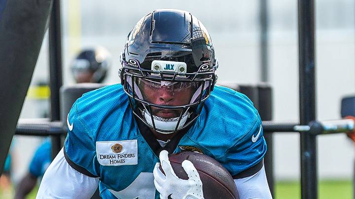 Jacksonville Jaguars Running Back Ameer Abdullah (43) runs a drill during the fourth day of NFL Training Camp in shells at the Miller Electric Center on Sunday, August 2, 2026, in Jacksonville, Fla.  
