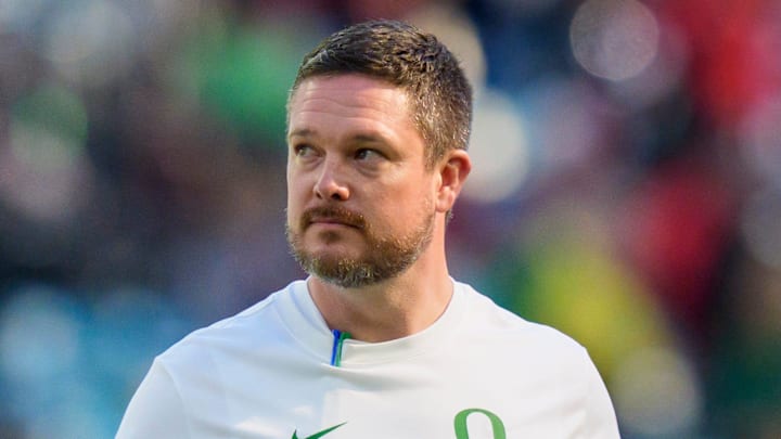 Oregon head coach Dan Lanning walks the field during warmups as the Oregon Ducks take on the Texas Tech Red Raiders in the Orange Bowl on Jan. 1, 2026, at Hard Rock Stadium in Miami, Florida.