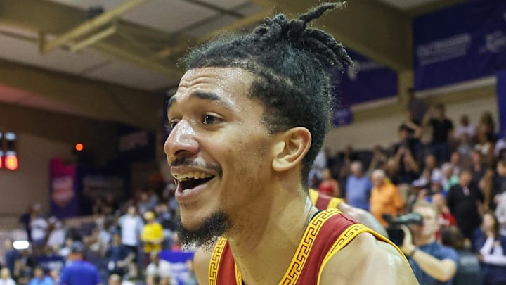Nov 26, 2025; Lahaina, HI, USA;  USC Trojans guard Chad Baker-Mazara (4) reacts after the Trojans defeated the Arizona State Sun Devils in the championship match at Lahaina Civic Center. Mandatory Credit: Marco Garcia-Imagn Images