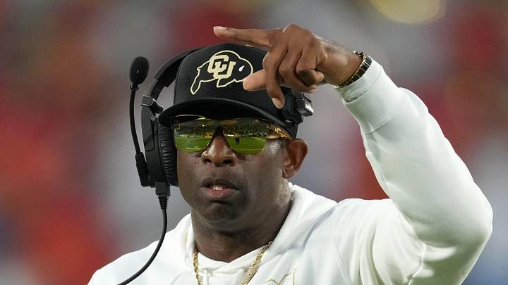 Oct 28, 2023; Pasadena, California, USA; Colorado Buffaloes head coach Deion Sanders reacts against the UCLA Bruins in the first half at Rose Bowl. Mandatory Credit: Kirby Lee-Imagn Images Oct 28, 2023; Pasadena, California, USA; Colorado Buffaloes head coach Deion Sanders reacts against the UCLA Bruins in the first half at Rose Bowl. Mandatory Credit: Kirby Lee-Imagn Images