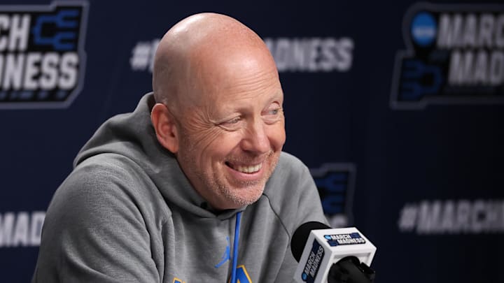 Mar 19, 2026; Philadelphia, PA, USA; UCLA Bruins head coach Mick Cronin speaks with the media before a practice session ahead of the first round of the men's 2026 NCAA Tournament at Xfinity Mobile Arena. Mandatory Credit: Bill Streicher-Imagn Images