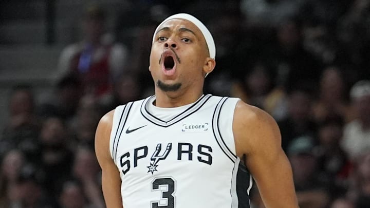 Mar 30, 2026; San Antonio, Texas, USA;  San Antonio Spurs forward Keldon Johnson (3) celebrates in the first half against the Chicago Bulls at Frost Bank Center. Mandatory Credit: Daniel Dunn-Imagn Images