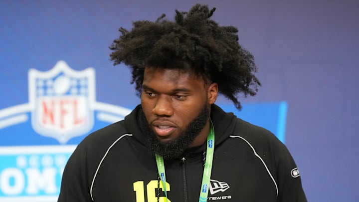 Feb 25, 2026; Indianapolis, IN, USA; Florida State defensive lineman Darrell Jackson (DL16) speaks during the NFL Scouting Combine at the Indiana Convention Center. Mandatory Credit: Kirby Lee-Imagn Images Feb 25, 2026; Indianapolis, IN, USA; Florida State defensive lineman Darrell Jackson (DL16) speaks during the NFL Scouting Combine at the Indiana Convention Center. Mandatory Credit: Kirby Lee-Imagn Images