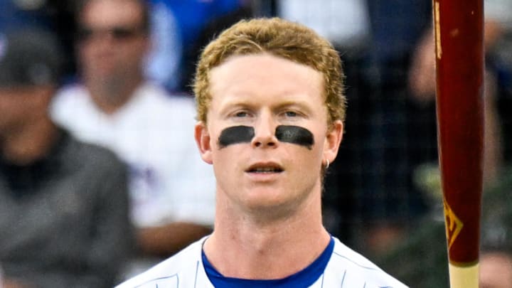 Oct 1, 2025; Chicago, Illinois, USA; Chicago Cubs outfielder Pete Crow-Armstrong (4) tosses his bat after striking out in the seventh inning against the San Diego Padres during game two of the Wildcard round for the 2025 MLB playoffs at Wrigley Field. 