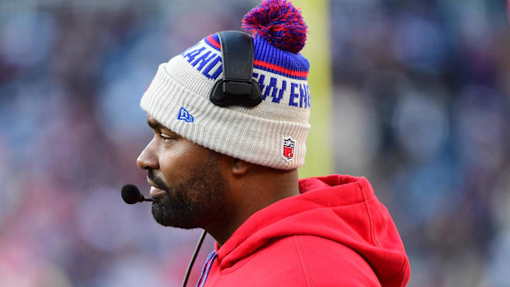Dec 1, 2024; Foxborough, Massachusetts, USA;  New England Patriots head coach Jerod Mayo during the first half against the Indianapolis Colts at Gillette Stadium. Mandatory Credit: Bob DeChiara-Imagn Images