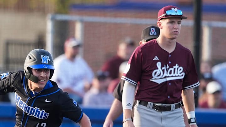 Memphis' Daniel Perez (13) rounds third base during the game between Mississippi State and the University of Memphis at FedExPark in Memphis, Tenn., on Tuesday, April 1, 2025.