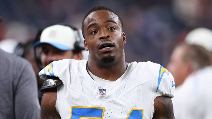Aug 13, 2026; Houston, Texas, USA;  Los Angeles Chargers outside linebacker Kyle Kennard (54) on the sideline during the game against the Houston Texans at Reliant Stadium. Mandatory Credit: Troy Taormina-Imagn Images