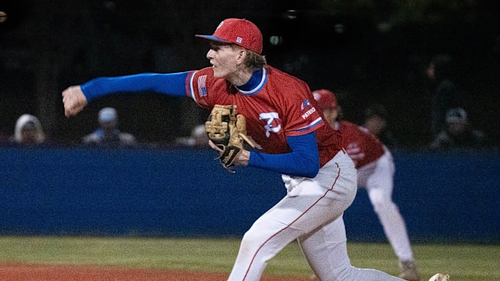 Patriots Emory Allen (4) pitches against the Millers during the Yukon (Oklahoma) vs Pace baseball game in the Aggie Classic at Pace High School on March 18, 2026.