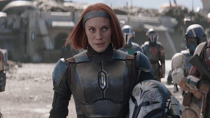 (Center): Bo-Katan Kryze (Katee Sackhoff) with Covert Mandalorians in Lucasfilm's THE MANDALORIAN, season three, exclusively on Disney+. 