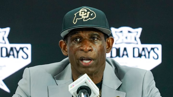 Jul 9, 2025; Frisco, TX, USA; Colorado head coach Deion Sanders speaks with the media during 2025 Big 12 Football Media Days at The Star. Mandatory Credit: Raymond Carlin III-Imagn Images Jul 9, 2025; Frisco, TX, USA; Colorado head coach Deion Sanders speaks with the media during 2025 Big 12 Football Media Days at The Star. Mandatory Credit: Raymond Carlin III-Imagn Images