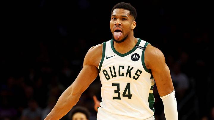 Milwaukee Bucks forward Giannis Antetokounmpo (34) reacts (Mandatory Credit: Mark J. Rebilas-Imagn Images)