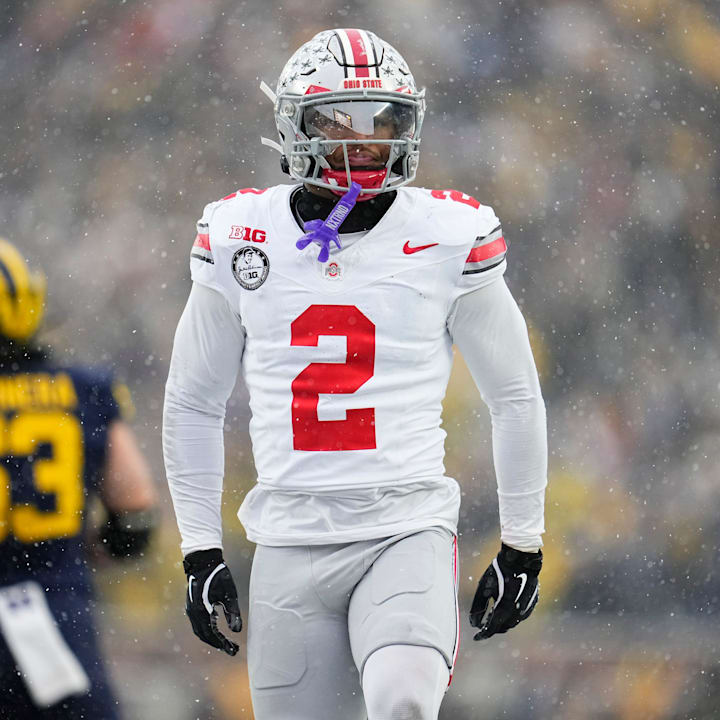 Ohio State Buckeyes defensive back Caleb Downs celebrates during the NCAA football game against the Michigan Wolverines.