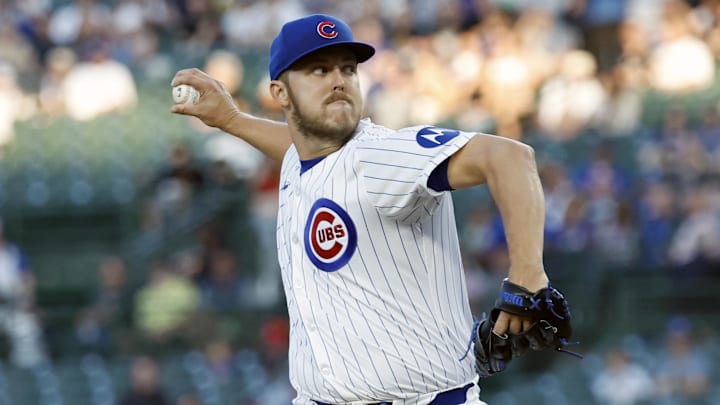 Sep 2, 2024; Chicago, Illinois, USA; Chicago Cubs starting pitcher Jameson Taillon (50) delivers a pitch against the Pittsburgh Pirates during the first inning at Wrigley Field.