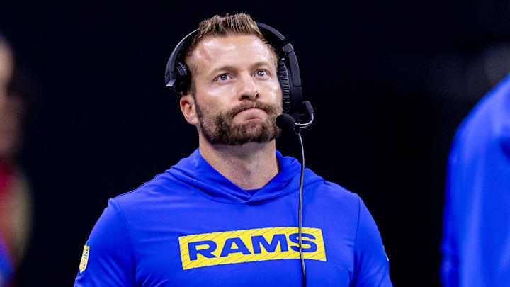 Dec 1, 2024; New Orleans, Louisiana, USA;  Los Angeles Rams head coach Sean McVay looks on against the New Orleans Saints during the second half at Caesars Superdome. Mandatory Credit: Stephen Lew-Imagn Images