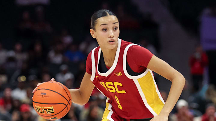 Nov 9, 2025; Charlotte, North Carolina, USA; Southern California Trojans guard Jazzy Davidson (9) dribbles the ball against the NC State Wolfpack during the fourth quarter of the Ally Tipoff game at Spectrum Center. Mandatory Credit: Cory Knowlton-Imagn Images Nov 9, 2025; Charlotte, North Carolina, USA; Southern California Trojans guard Jazzy Davidson (9) dribbles the ball against the NC State Wolfpack during the fourth quarter of the Ally Tipoff game at Spectrum Center. Mandatory Credit: Cory Knowlton-Imagn Images