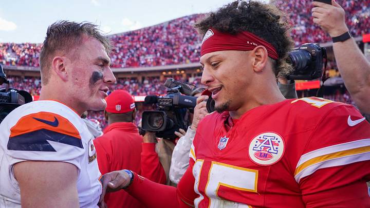 Nov 10, 2024; Kansas City, Missouri, USA; Denver Broncos quarterback Bo Nix (10) talks with Kansas City Chiefs quarterback Patrick Mahomes (15) after the game at GEHA Field at Arrowhead Stadium. Mandatory Credit: Denny Medley-Imagn Images Nov 10, 2024; Kansas City, Missouri, USA; Denver Broncos quarterback Bo Nix (10) talks with Kansas City Chiefs quarterback Patrick Mahomes (15) after the game at GEHA Field at Arrowhead Stadium. Mandatory Credit: Denny Medley-Imagn Images