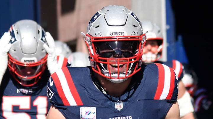 Oct 26, 2025; Foxborough, Massachusetts, USA; New England Patriots linebacker Robert Spillane (14) walks to the field prior to a game against the Cleveland Browns at Gillette Stadium. Mandatory Credit: Bob DeChiara-Imagn Images