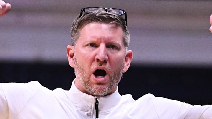 Dec 10, 2024; Indianapolis, Indiana, USA; North Dakota State Bison head coach David Richman is seen during the first half against the Butler Bulldogs at Hinkle Fieldhouse.