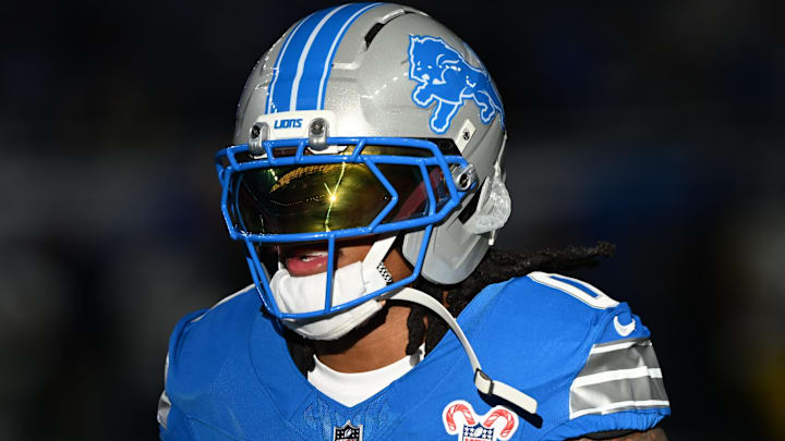 Detroit Lions running back Jahmyr Gibbs (0).