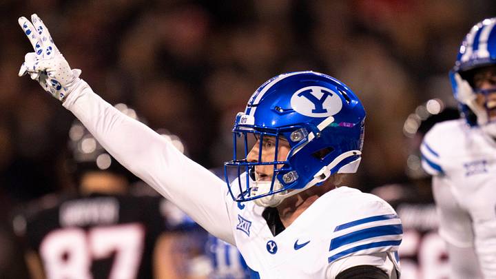 Former BYU Cougars safety Tanner Wall reacts after a turnover on downs. Former BYU Cougars safety Tanner Wall reacts after a turnover on downs.