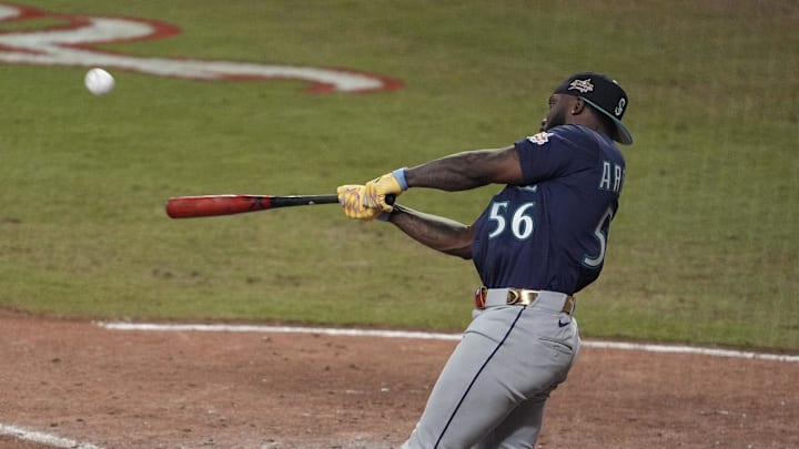 American League outfielder RandyArozarena of the Seattle Mainers hits a home run during the swing off after the 2025 MLB All Star Game ended in a tie at Truist Park on July 15. 