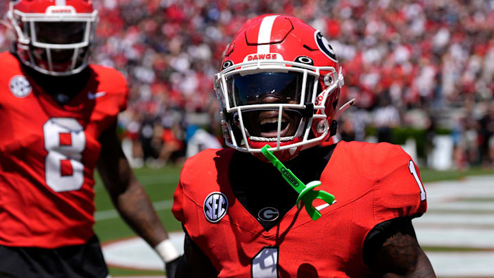 Georgia wide receiver Zachariah Branch (1) celebrates after pulling in a deep pass for a big gain during the Georgia G-Day spring football game in Athens, Ga., on Saturday, April 12, 2025.
