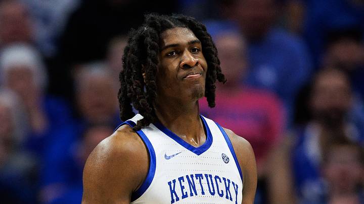 Jan 7, 2026; Lexington, Kentucky, USA; Kentucky Wildcats forward Jayden Quaintance (21) reacts after a play during the second half against the Missouri Tigers at Rupp Arena at Central Bank Center. Mandatory Credit: Jordan Prather-Imagn Images