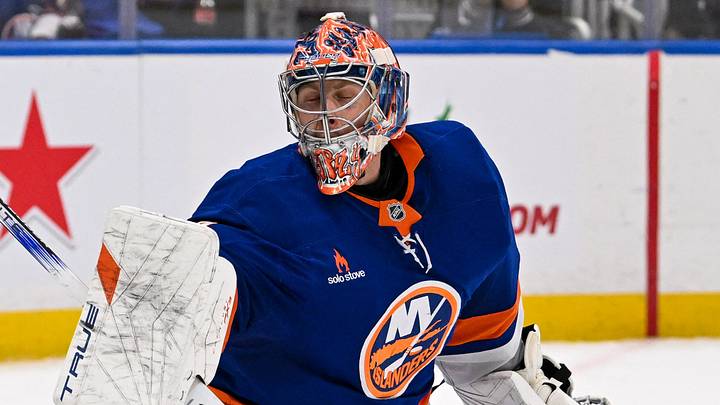 Nov 25, 2024; Elmont, New York, USA;  Detroit Red Wings left wing Lucas Raymond (23) (not pictured) scores a goal past New York Islanders goaltender Semyon Varlamov (40) during the third period at UBS Arena. Mandatory Credit: Dennis Schneidler-Imagn Images