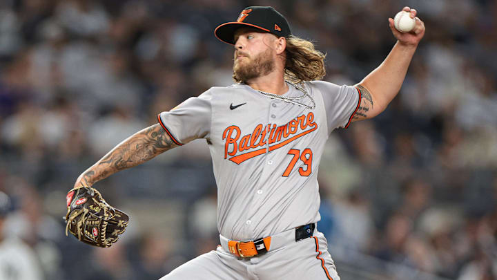 Jun 18, 2024; Bronx, New York, USA; Baltimore Orioles relief pitcher Nick Vespi (79) delivers a pitch during the eighth inning against the New York Yankees at Yankee Stadium