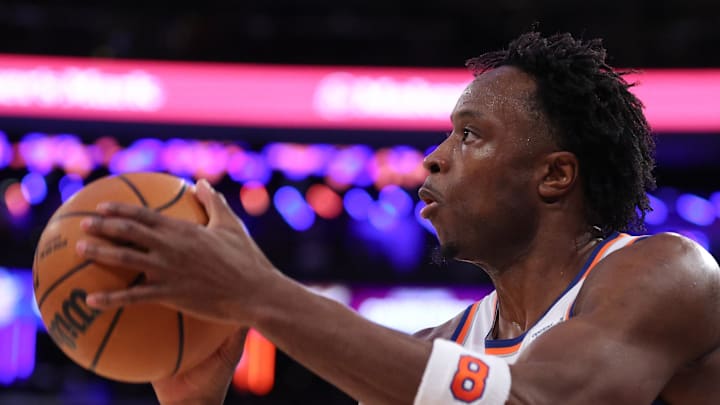 Dec 25, 2025; New York, New York, USA; New York Knicks forward Og Anunoby (8) shoots the ball against the Cleveland Cavaliers during the second half at Madison Square Garden. Mandatory Credit: Vincent Carchietta-Imagn Images